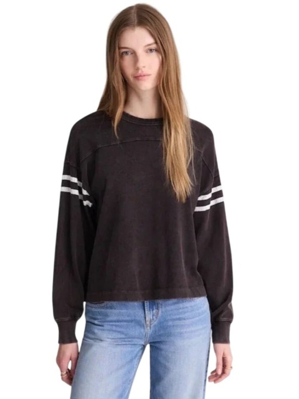 Madewell Women's Relaxed Striped Sleeve Sweatshirt Black White Size XS NWT
